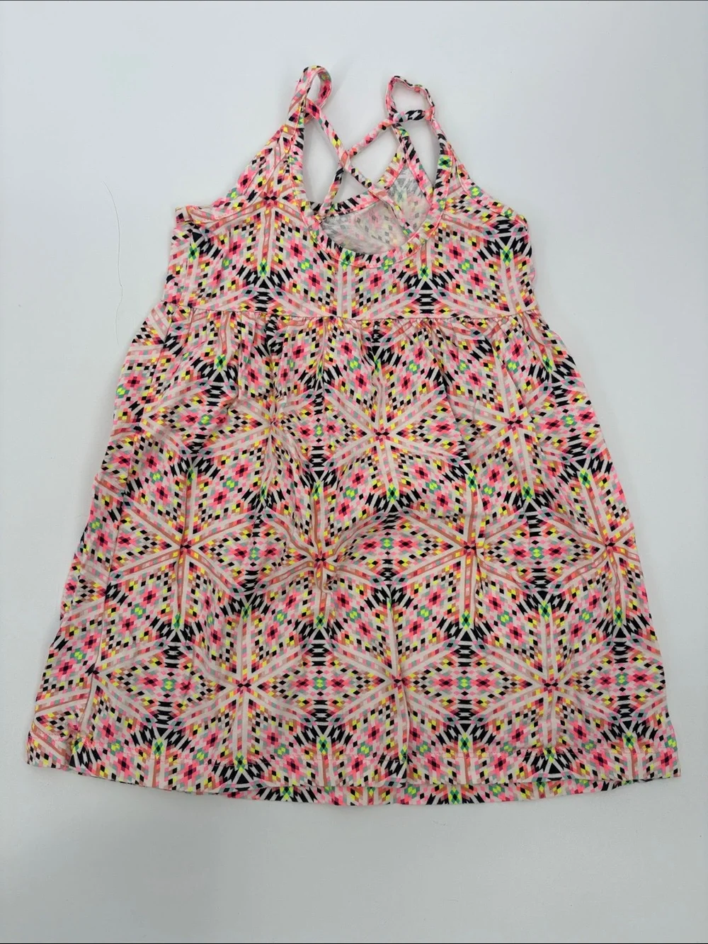 Girls Floral & Geometric Tank Dresses — Pink Multicolor